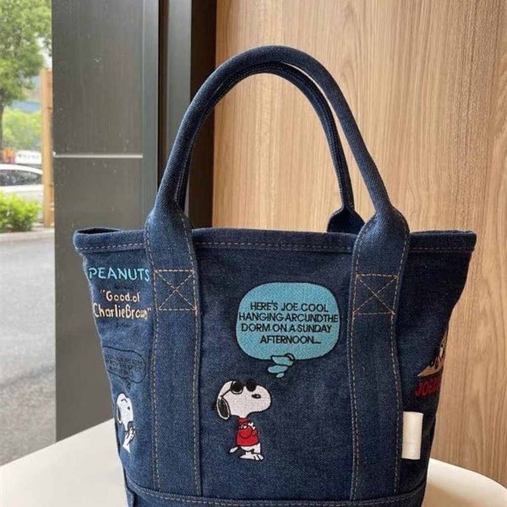 Snoopy cartoon denim handbag cute print anime portable casual tote bag